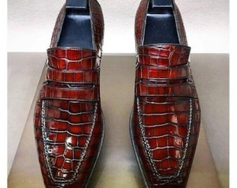 Handmade Exotic Croc-Embossed Leather Loafers | Men's Burgundy Formal Shoes | Luxury Penny Loafers