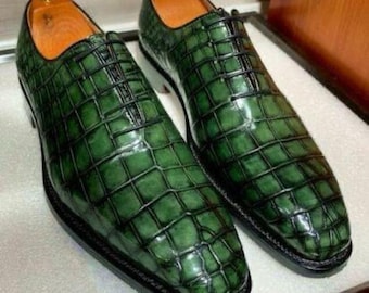 Handgemaakte luxe groene leren schoenen met krokodillenpatroon | Formele loafers voor heren | Geklede schoenen voor heren