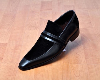 Mocasines de piel y ante negros hechos a mano para hombre: zapatos de vestir de lujo sin cordones