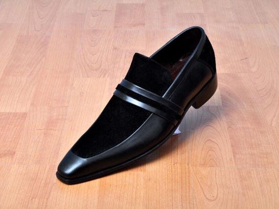 Handmade Black Leather and Suede Loafers for Men – Luxury Slip-On Dress Shoes
