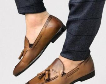 Handgemaakte bruine leren loafers met kwastjes | Formele instappers voor vrijetijdskleding en kleding