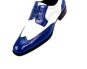 Handmade Blue & White Leather Wingtip Oxford Shoes: Two-Tone Brogues