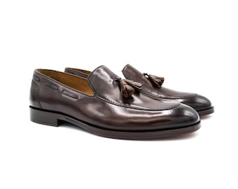 Handgefertigte braune Leder Quaste Loafers: Herren Slip-On Abendschuhe