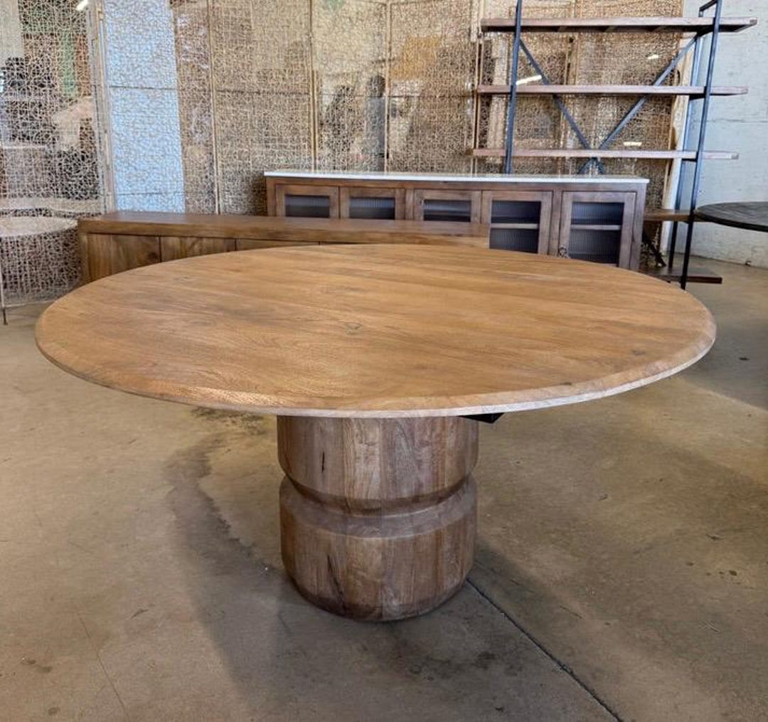 Solid Wood Round Dining Table | Handcrafted Pedestal Base, Rustic ...