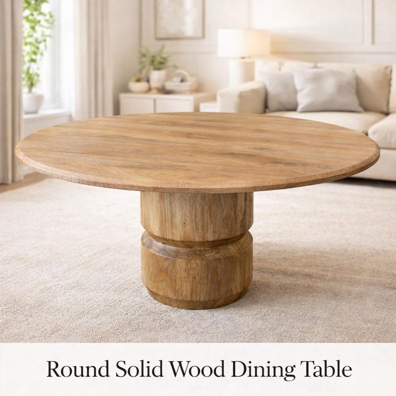 Solid Wood Round Dining Table | Handcrafted Pedestal Base, Rustic ...