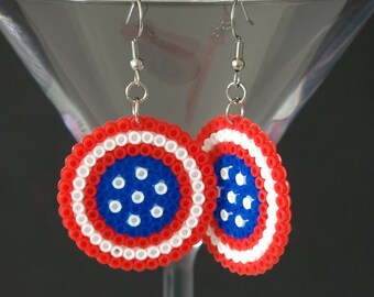 Patriotic Geometric Stripes and Dots Shield Earrings - Red White and Blue - Lightweight Bold Earrings