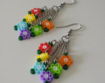 Flower Dangle Drop Earrings - Rainbow - Red Orange Yellow Green Blue Purple - Lightweight Bold Earrings