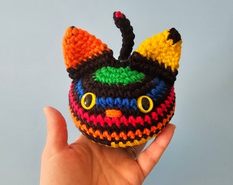 Furrball Kitty Cat - Black and Primary Rainbow striped - Red Orange Yellow Green Blue with Yellow Eyes - Crochet plush - Desk Anxiety Pet