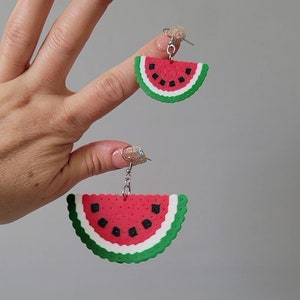 Watermelon Slice Dangle Earrings Large or Small Red Green White Black Lightweight Bold Statement Earrings image 5