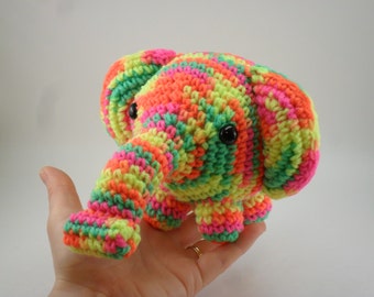 Snuggly Elephant - Neon Multi Varigated Yellow Green Orange Pink - Crochet Plush Elephant Toy
