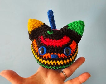 Furrball Kitty Cat - Black and Primary Rainbow striped - Red Orange Yellow Green Blue with Blue Eyes - Plush Crochet Cat - Desk Anxiety Pet