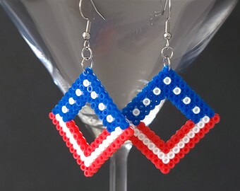 Patriotic Geometric Stripes and Dots Diamond Earrings - Red White and Blue - Lightweight Bold Earrings