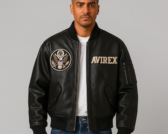 Avirex USA Cowhide Leather Bomber Jacket: Embroidered Logo, Quilted Lining