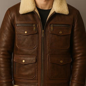 Handmade Sheepskin Shearling Aviator Jacket: Black & Brown Bomber Coat