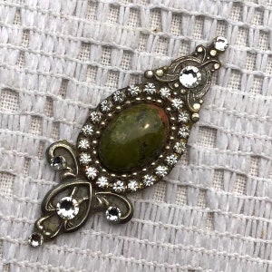 Genuine Stone Bindis in Lightweight Oxidized Silver-Plated Brass Unakite