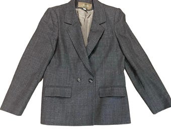 Vintage Saville Tweed Wool Blazer Plaid Size 10 Gray Double Breasted Jacket