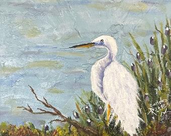 Heron, bird, white, impressionist, original painting, textured, small canvas art