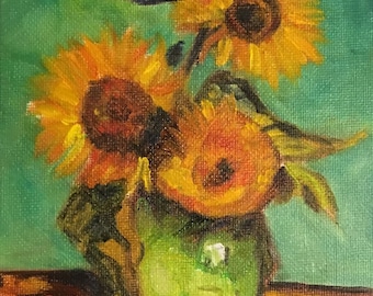 Flowers, Three Sunflowers in a Vase, original oil painting, My rendition of Van Gogh's painting