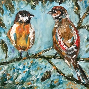 Birds, wildlife, animals, textured, palette knife art, print on canvas of original oil painting image 1