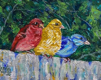 Birds, animal art, trio of birds, Printon watercolor art paper of original oil painting
