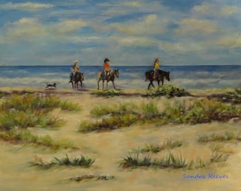 Beach, Horses, Dog, Horseback riders, professional watercolor art paper print of original painting