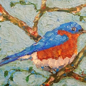 Bird, blue, animal art, original, palette knife, impressionism, small painting, wood