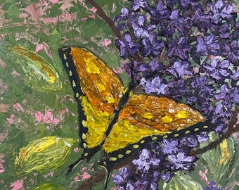 Butterfly, flowers, plants, textured painting, impasto, Impressionism