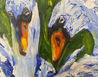 Swans, ducks, birds, lovers, impressionistic, textured, original, oil painting