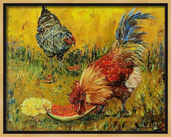 Art Rooster Chickens Hen Animals Palette Knife Art On Giclee Etsy