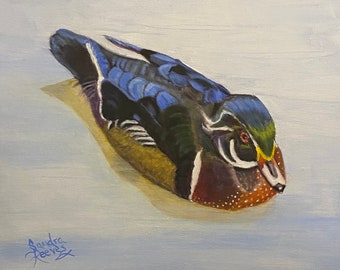 Duck, bird, wildlife, Wood duck, male, animal, realism, canvas print of original oil painting