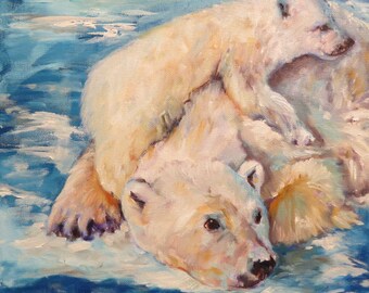 Polar, bears, wildlife, animals, impressionism, print of original painting on watercolor art paper