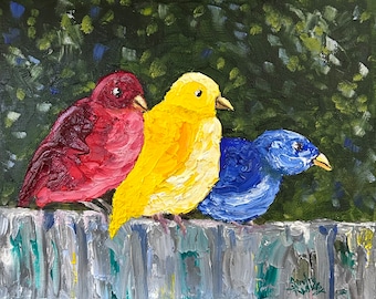 Birds, animal, wildlife, original painting, textured art, impasto, 8 x 10 inch, stretched canvas