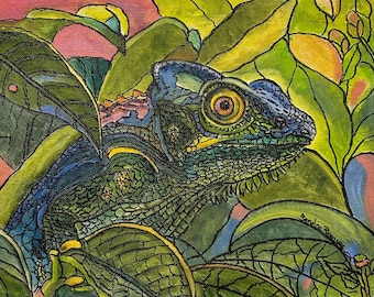 Chameleon lizard animal art original oil painting