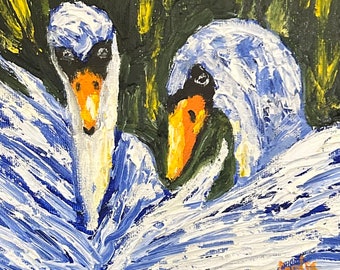 Swans, birds, small art, original painting, animal, textured, oil paint