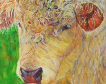 Cow, bull, cattle, animal, farm, ranch, curly hair, Watercolor art paper of original painting