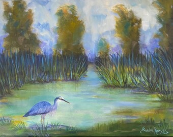 Blue heron, bird, landscape, beach, sand, impressionism, original oil painting