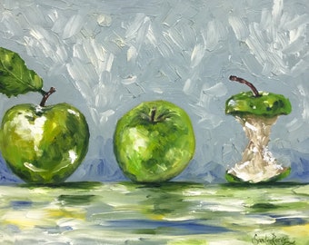 Apples, fruit, still life, food, green, impressionism, Canvas Print