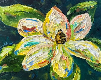 Magnolia, flower, textured, original oil painting, small art, impressionism