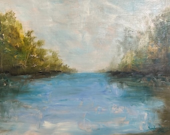 Landscape, Impressionism, original oil painting, wood, trees, lake, fishing, hunting