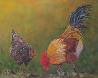 May include: A painting of a rooster and a hen. The rooster is brown, yellow, and red with a blue tail. The hen is black and gray. The background is a blurry green and yellow.