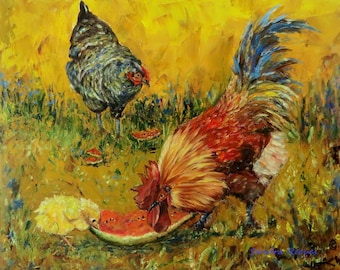 Rooster, chickens, hen, birds, animals, farm, ranch, western, pet, CANVAS PRINT of original painting