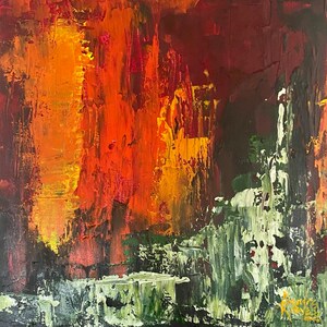 May include: Abstract painting with a mix of orange, red, and green colors. The painting has a textured look and appears to be done with oil paints.