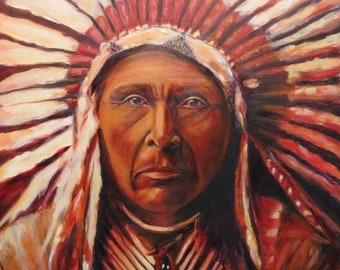 Native American, Indian, Lakota, Sioux, Warrior, chief, Print on canvas of original painting