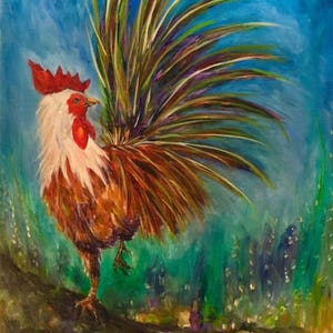 Rooster, original, impressionistic, oil painting, chicken, bird, wildlife, animal, pet