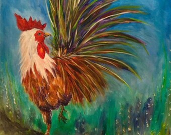 Rooster, original, impressionistic, oil painting, chicken, bird, wildlife, animal, pet