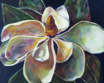 Magnolia, flower, southern, bloom, colorful, impressionism, Print on watercolor art paper of original oil painting