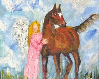 Angel, horse, heaven, animal, textured, original oil painting