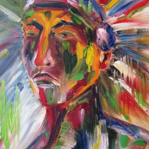 Native American, figurative, Indian chief, male, warrior, impressionistic, Canvas print of original oil painting image 1