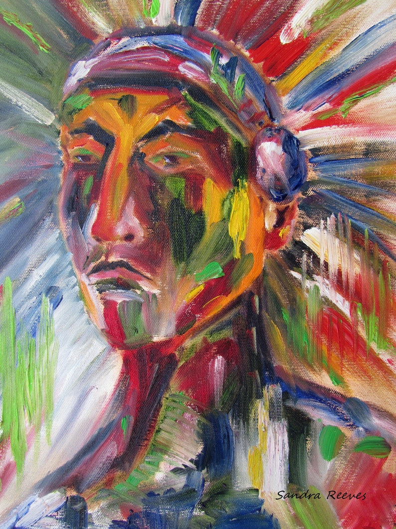 Native American, figurative, Indian chief, male, warrior, impressionistic, Canvas print of original oil painting image 1