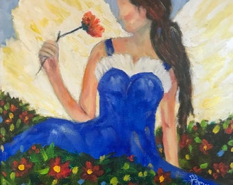 Angel, flowers, heaven, spiritual, impressionism, Canvas print